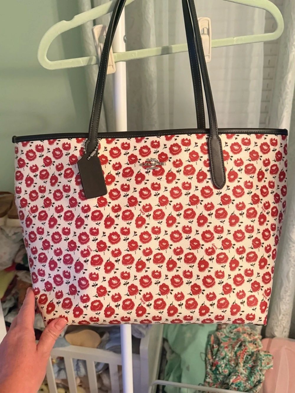Coach Red Floral Print Tote Bag with Black Handles- with organizer pouch